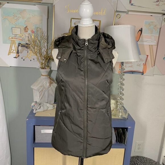 Brown hooded puffer vest full zip jacket sz s womens no brand good quality - Picture 2 of 6